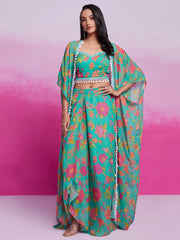Woman in teal floral designer lehenga choli with dupatta, Indian ethnic wear from Ethnic Plus