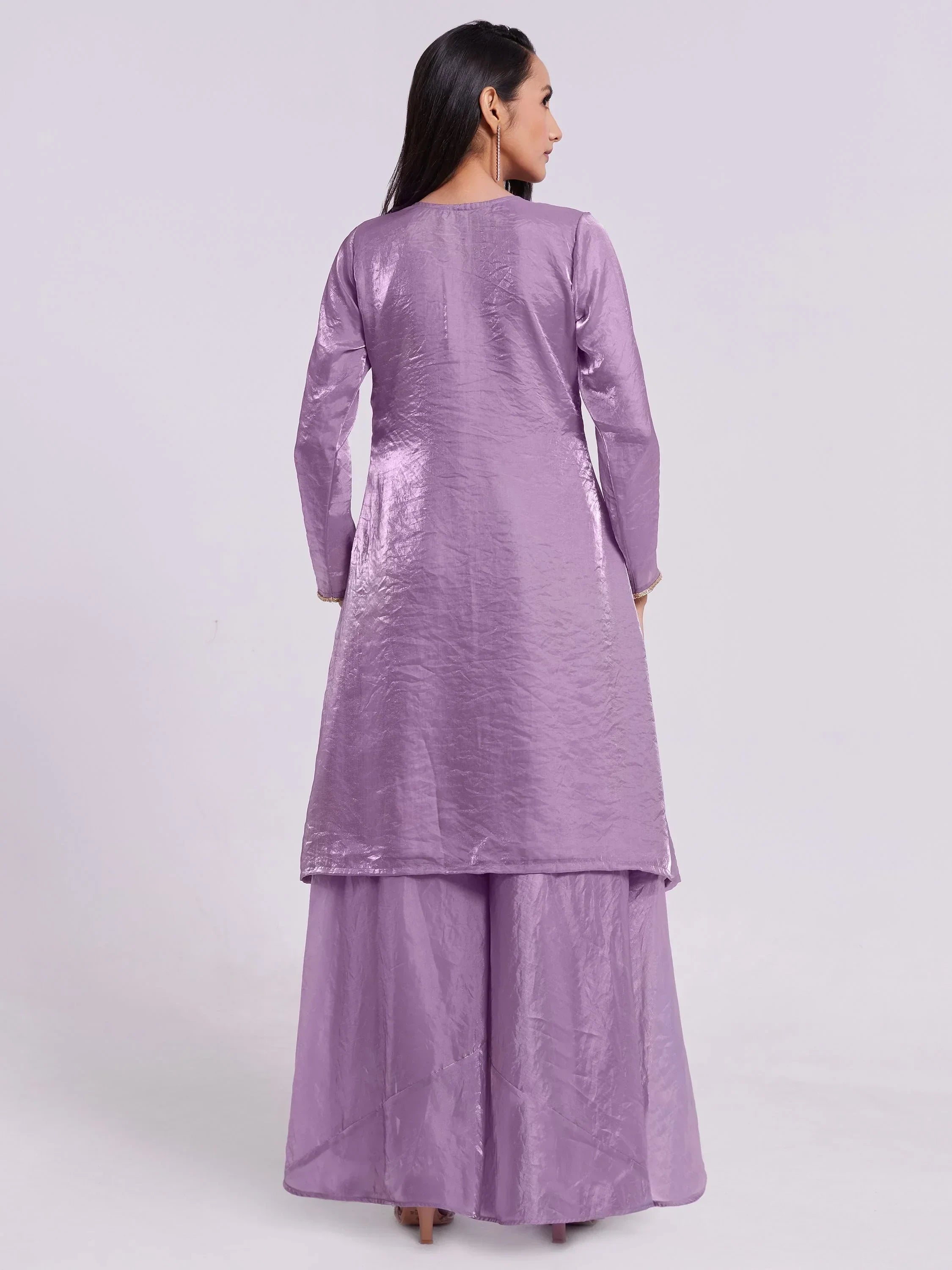 Woman wearing lavender long kurta and palazzo set, back view, Indian ethnic wear