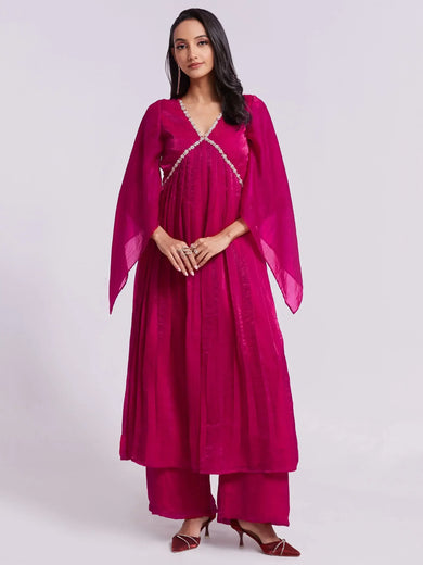 Awesome Pink Lace Work Organza Designer Kurta With Palazzo