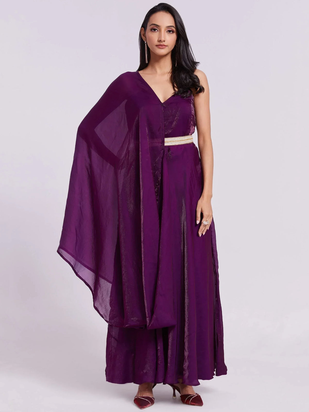 Purple ethnic gown with cape and gold belt, Indian designer wear for women
