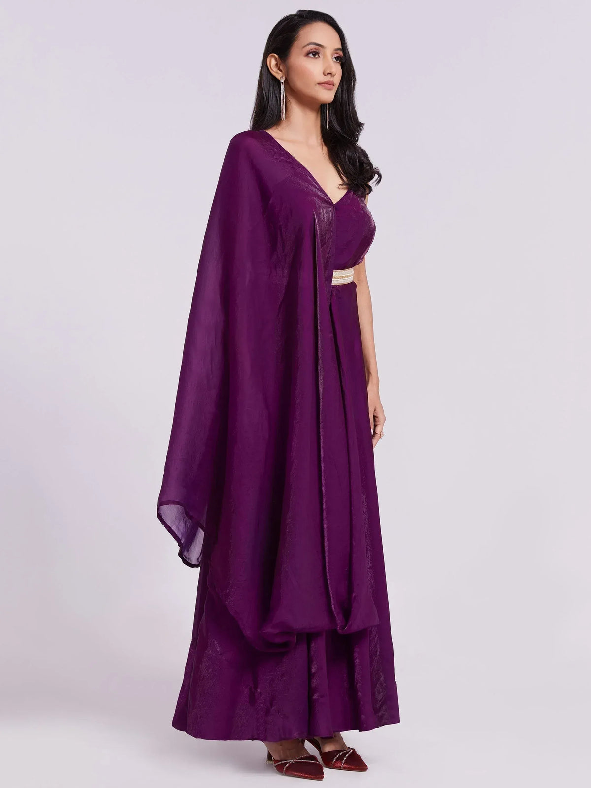 Purple ethnic gown with cape, V-neck, and embellished waistband for women