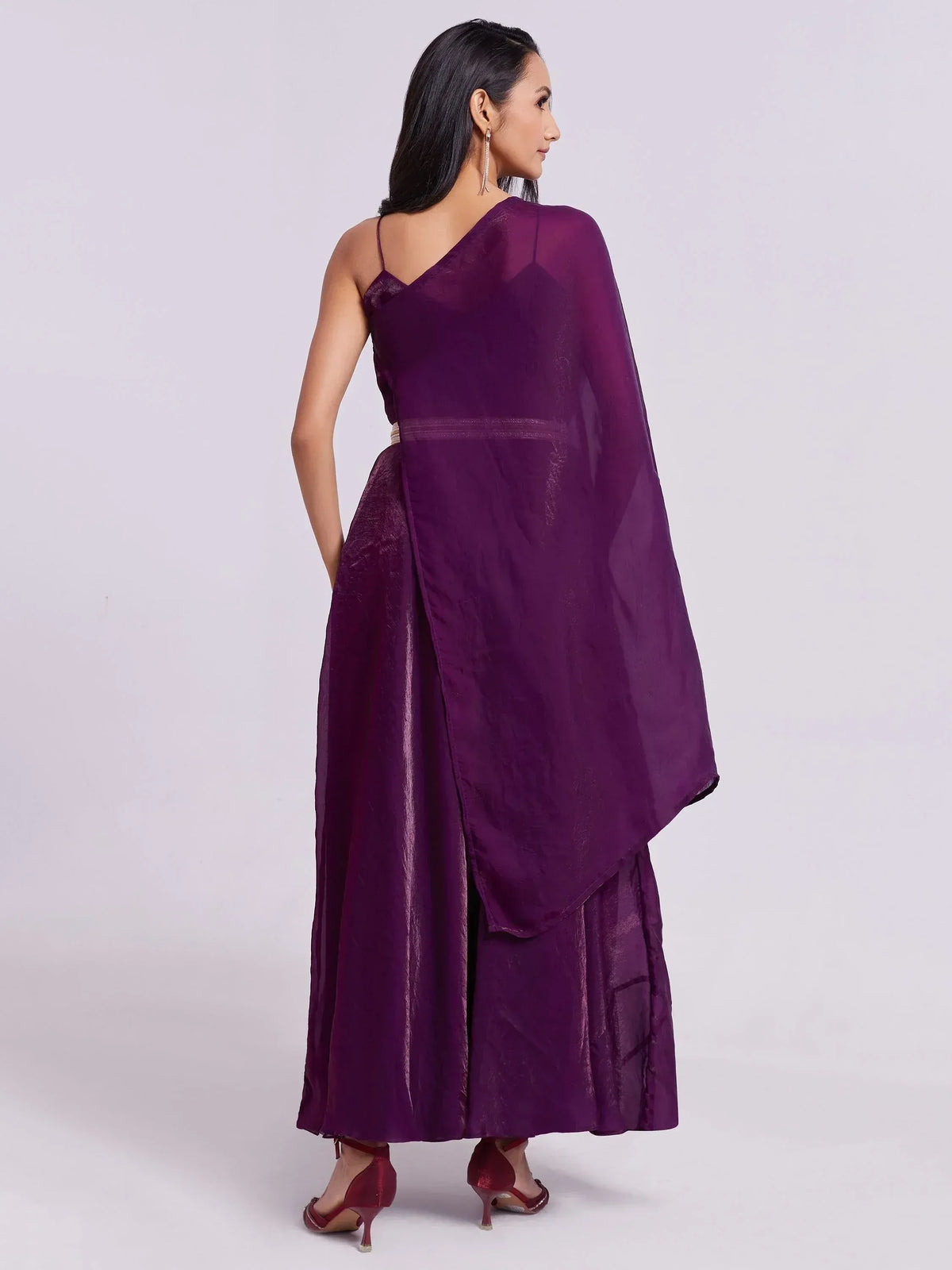 Purple ethnic gown with sheer cape, perfect for Indian occasions and parties