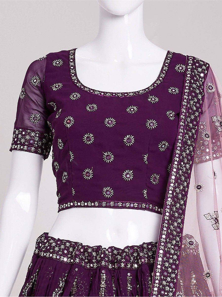 Purple embroidered lehenga choli with floral motifs and sheer dupatta, ethnic Indian wear