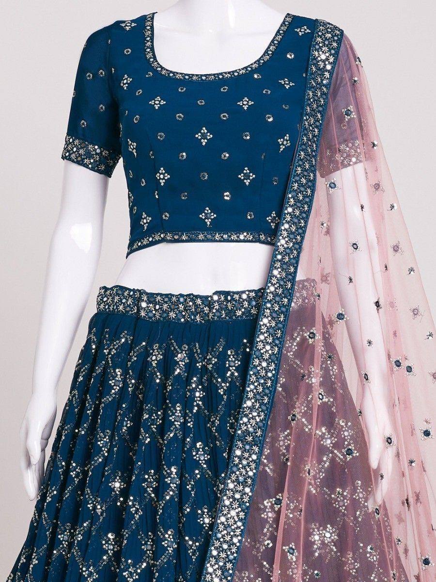 Teal blue embroidered lehenga choli with pink net dupatta, Indian ethnic wear