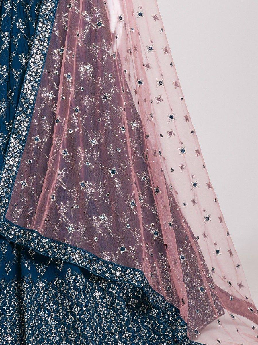 Blue and pink embroidered lehenga choli with sheer dupatta, perfect for Indian ethnic wear occasions