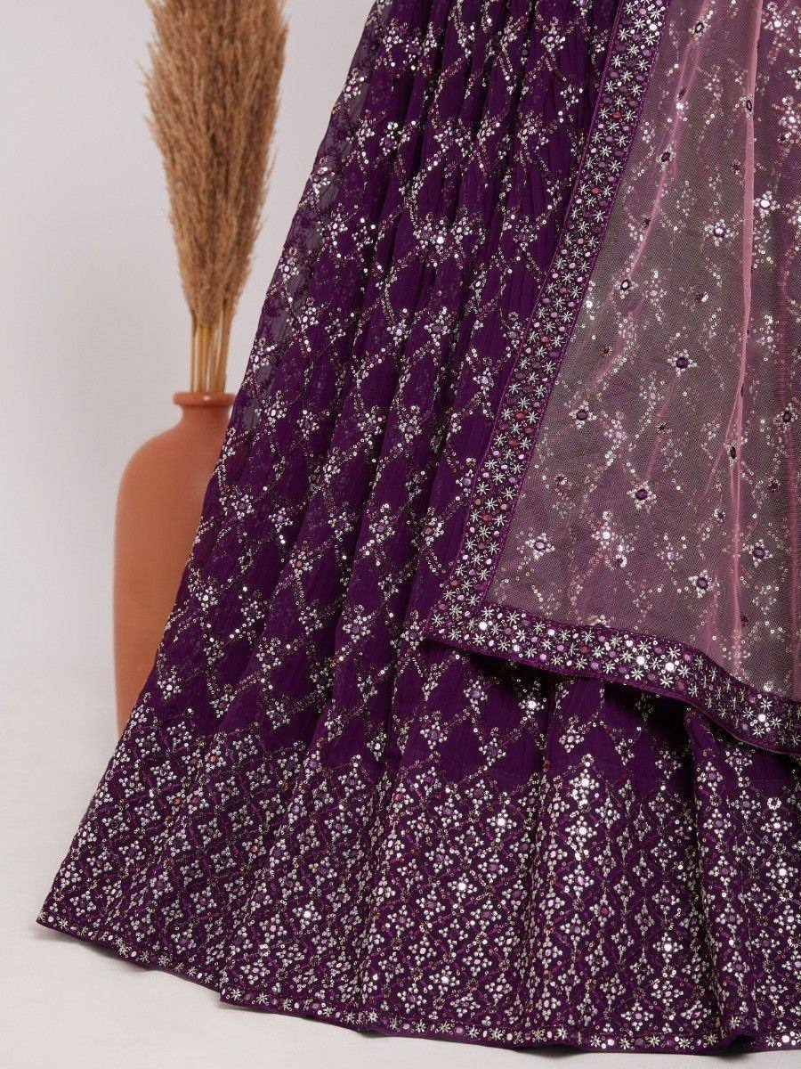 Purple designer lehenga with silver embroidery and sheer dupatta, ethnic Indian wear