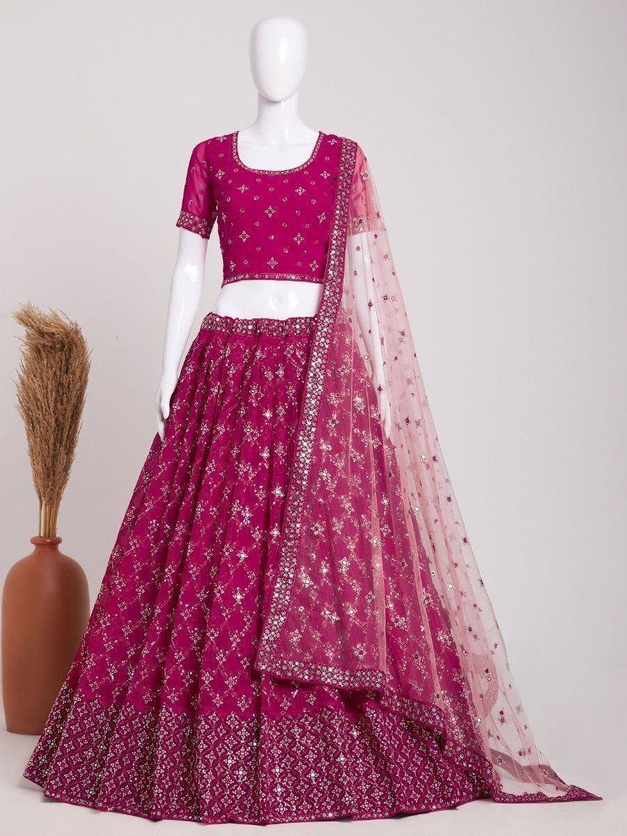 Fuchsia embroidered lehenga choli with sheer dupatta, Indian ethnic wear for weddings and festivals
