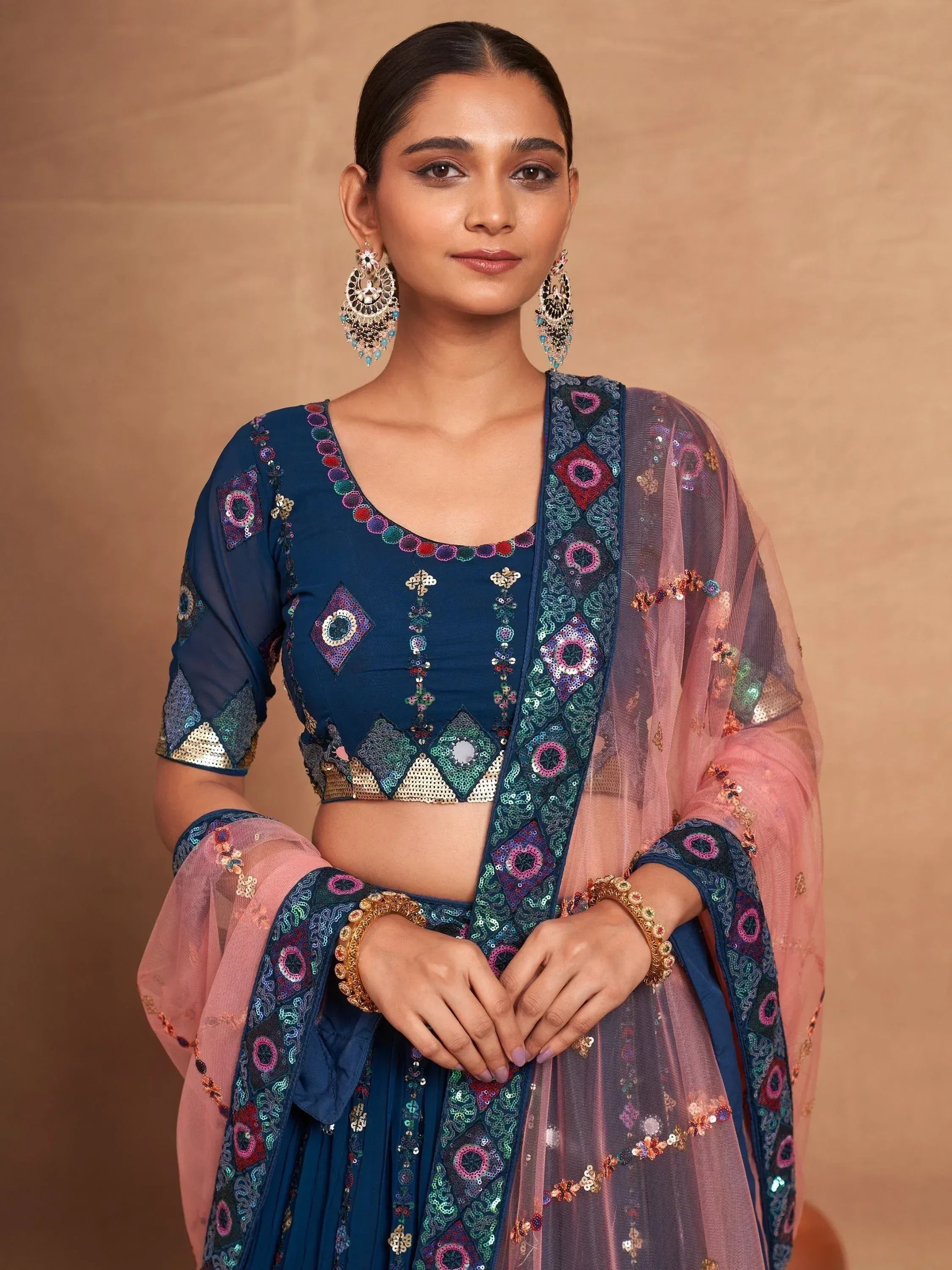 Blue embroidered lehenga choli with pink dupatta, Indian ethnic wear for women