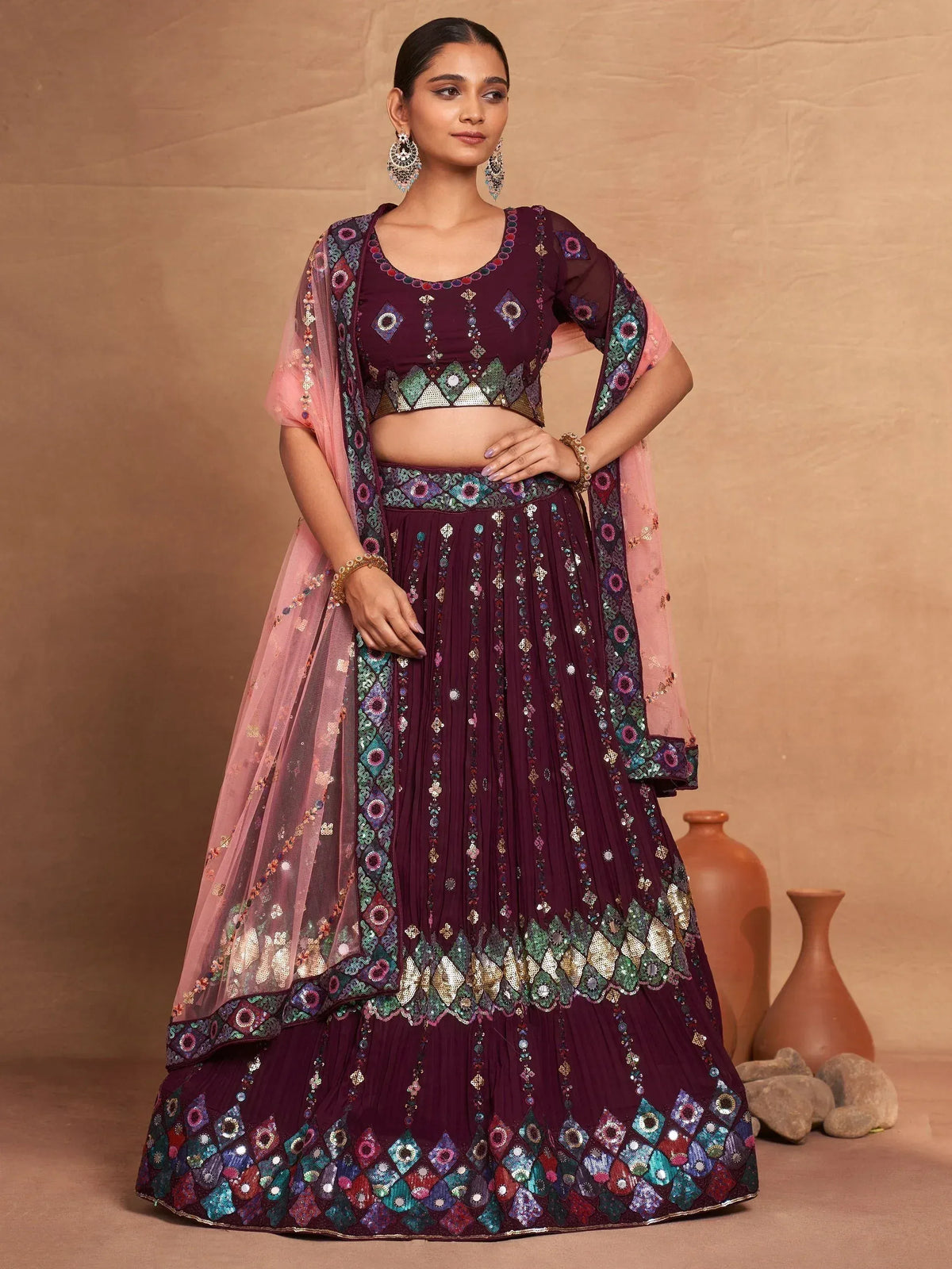 Elegant maroon lehenga choli with mirror work, sequins, and pink dupatta for Indian ethnic wear