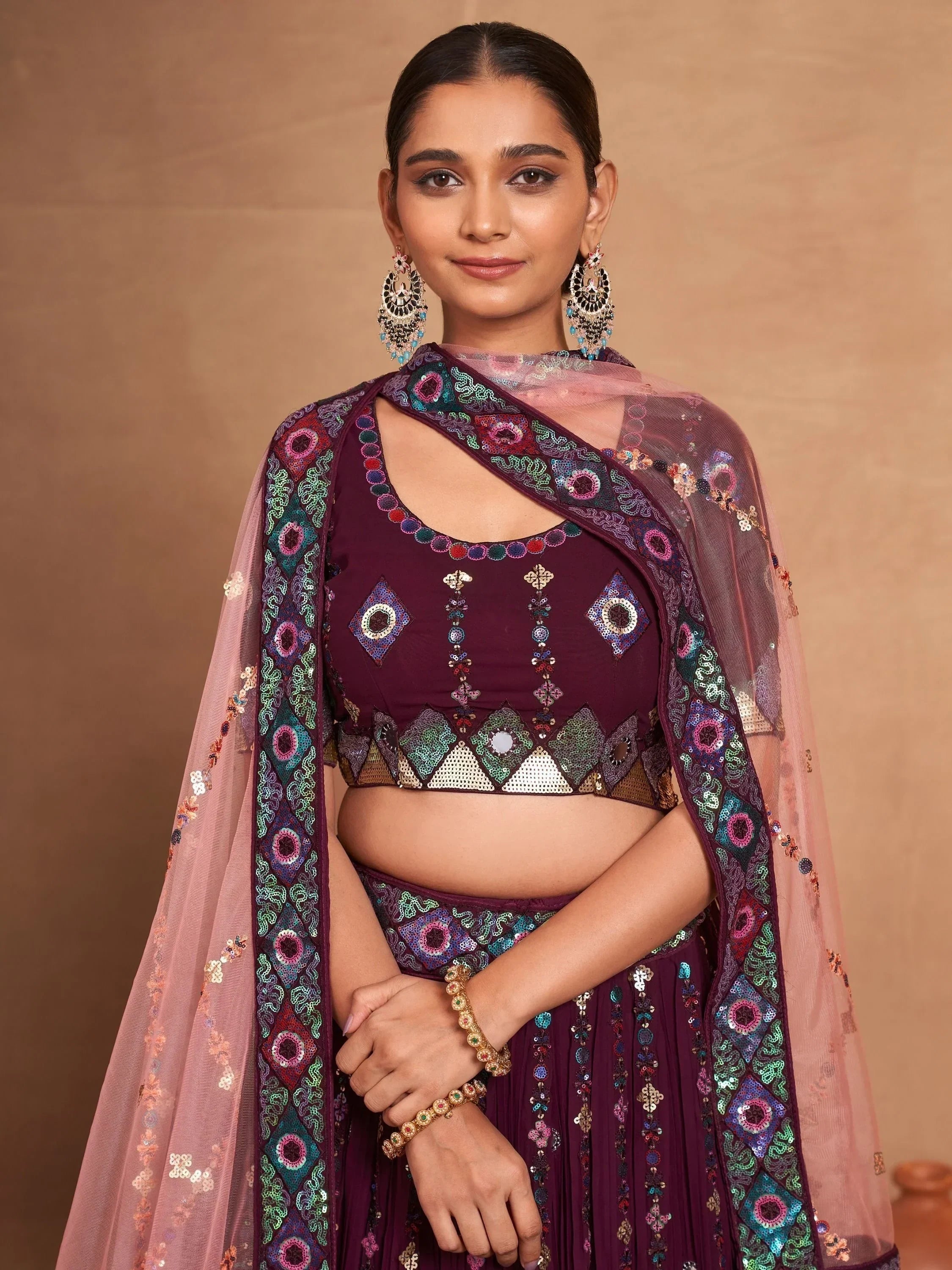 Purple embroidered lehenga choli with sequin dupatta, Indian ethnic wear for women