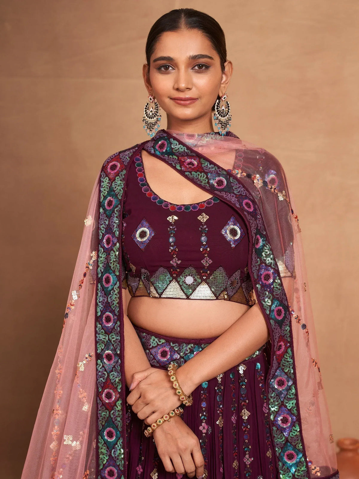 Purple embroidered lehenga choli with sequin dupatta, Indian ethnic wear for women
