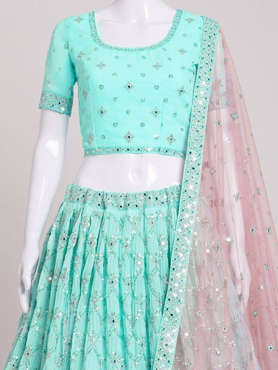 Mint green embroidered lehenga choli with pink dupatta, Indian ethnic wear for women