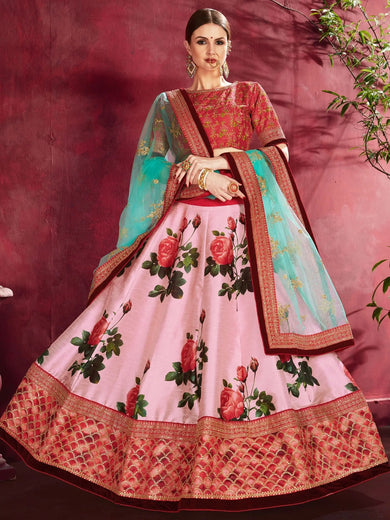 Rose Pink Floral Print Banglori Silk Bridal Lehenga With Pink Choli And Turquoise Dupatta