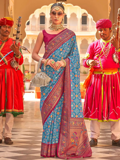 Adorning Blue Silk Patola Printed Festival Wear Saree With Blouse