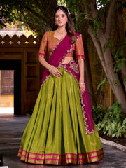 Fantastic Olive Green Kanchipuram Silk Traditional Half Saree Lehenga