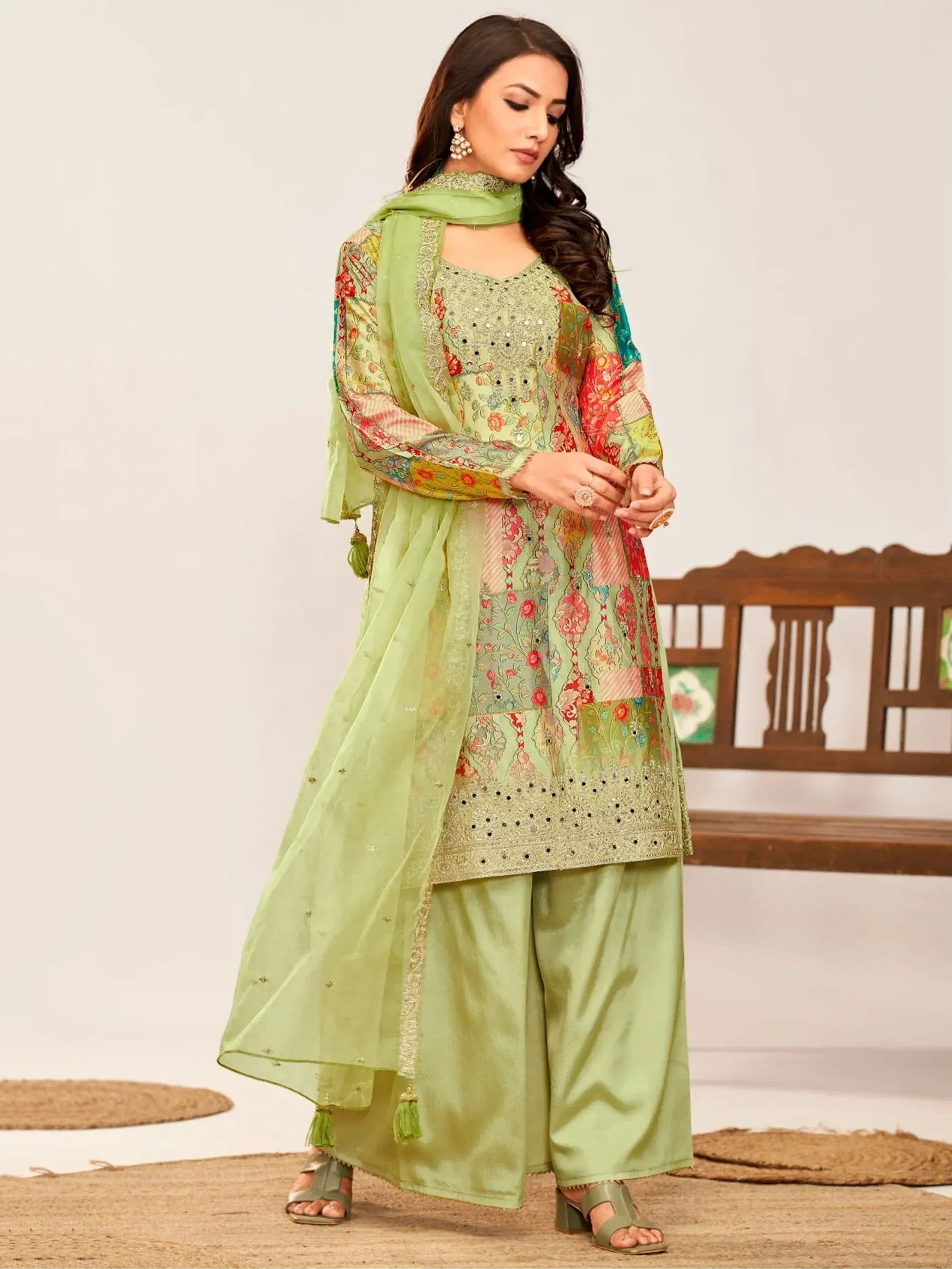 Green floral embroidered salwar kameez with matching dupatta and palazzo pants