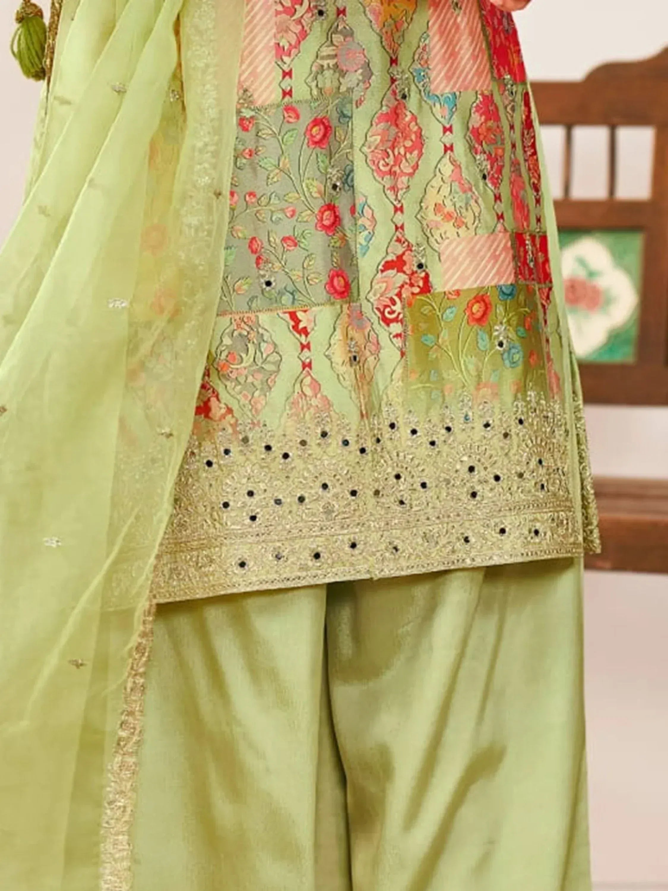Light green embroidered salwar kameez with floral patchwork and dupatta, Indian ethnic wear