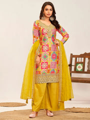 Charming Mustard Color Embroidered Chinon Haldi Wear Palazzo Suit