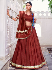 Alluring Rust Orange Lace Work Chanderi Traditional Lehenga Choli