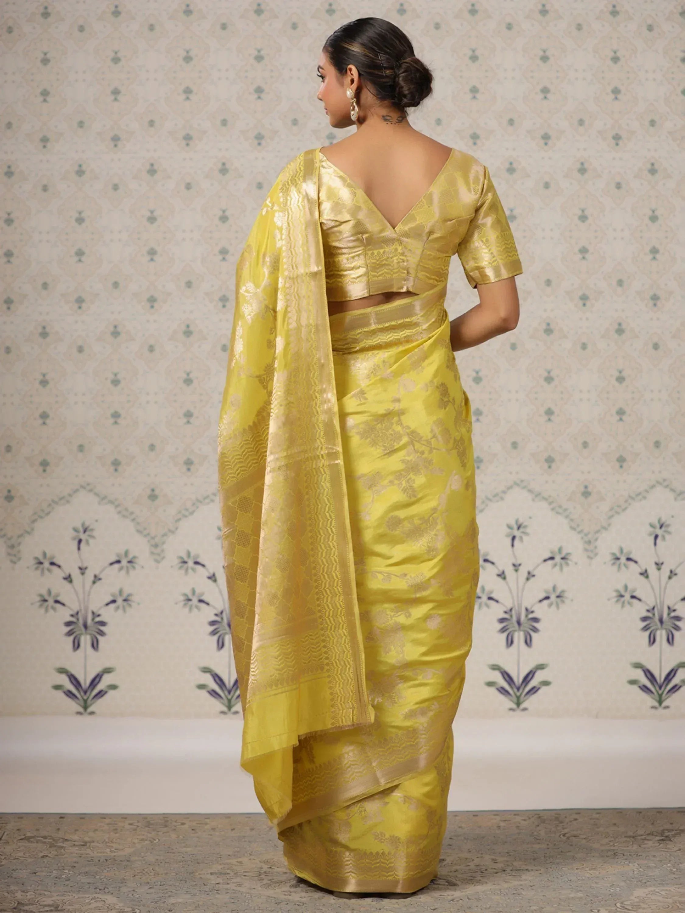 Yellow designer saree with gold floral weave, back view, ethnic wear for women