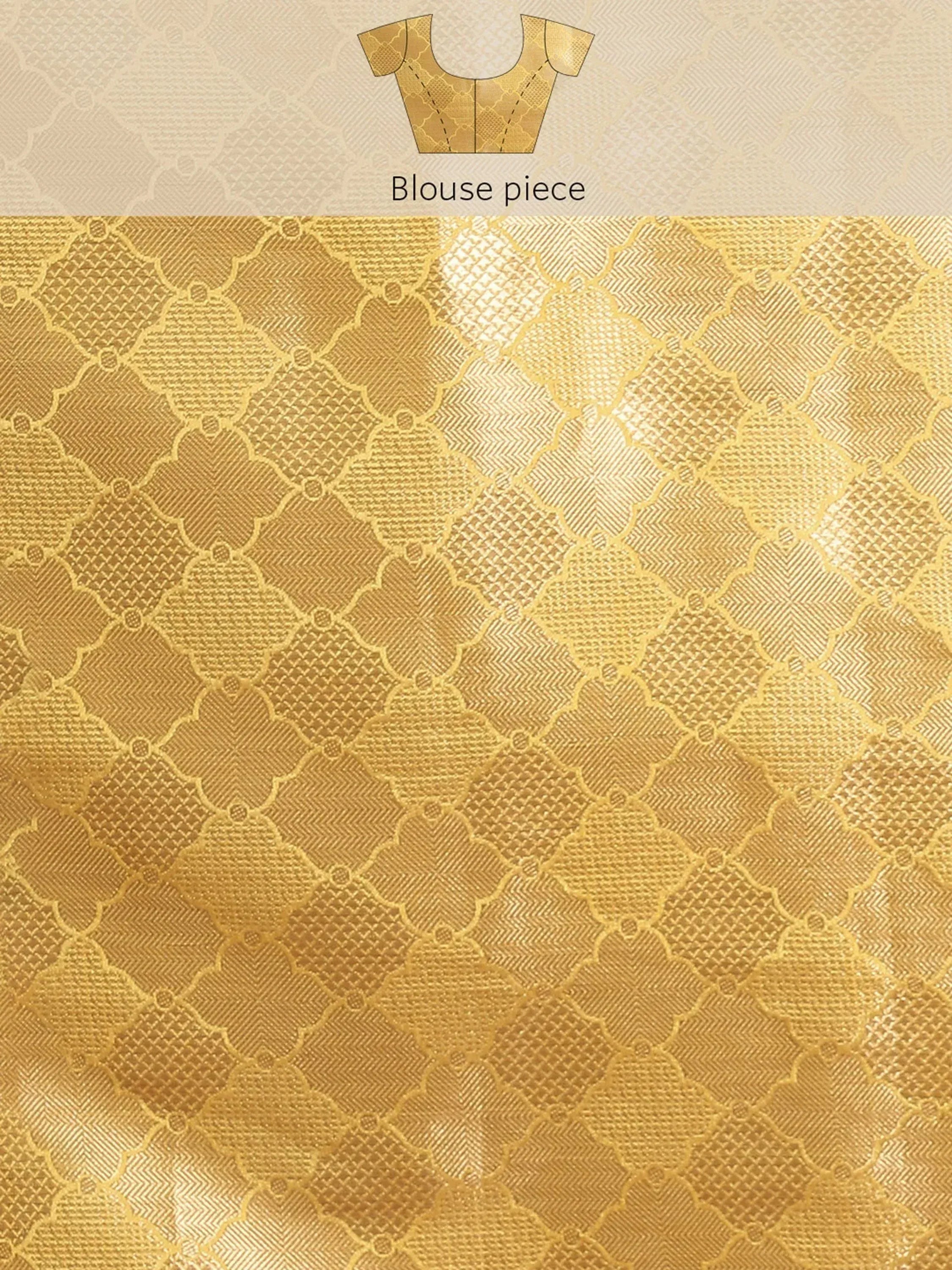 Golden ethnic blouse fabric with intricate geometric patterns for designer wear