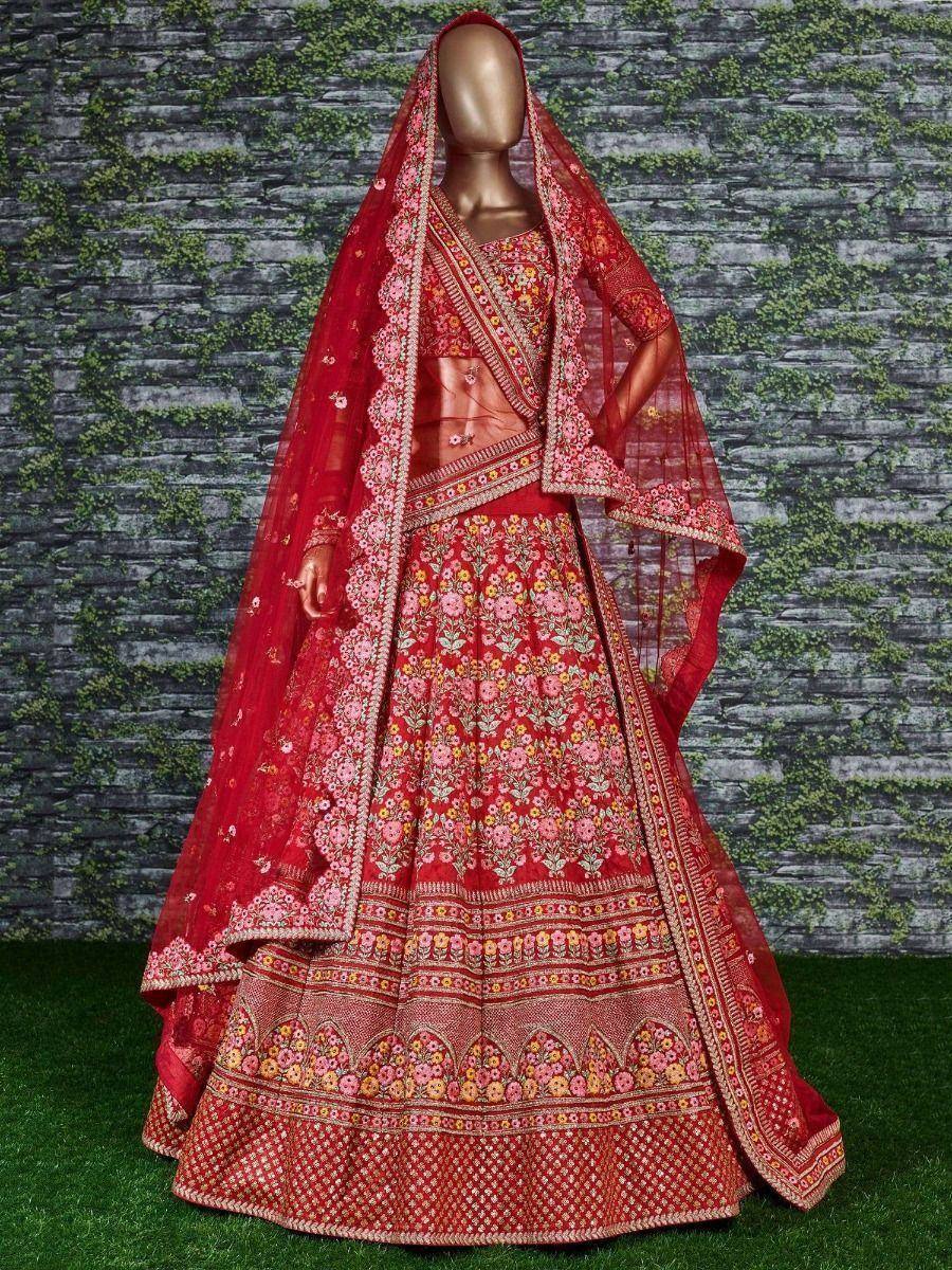 Red floral embroidered lehenga choli with matching dupatta, ideal for weddings and festive occasions