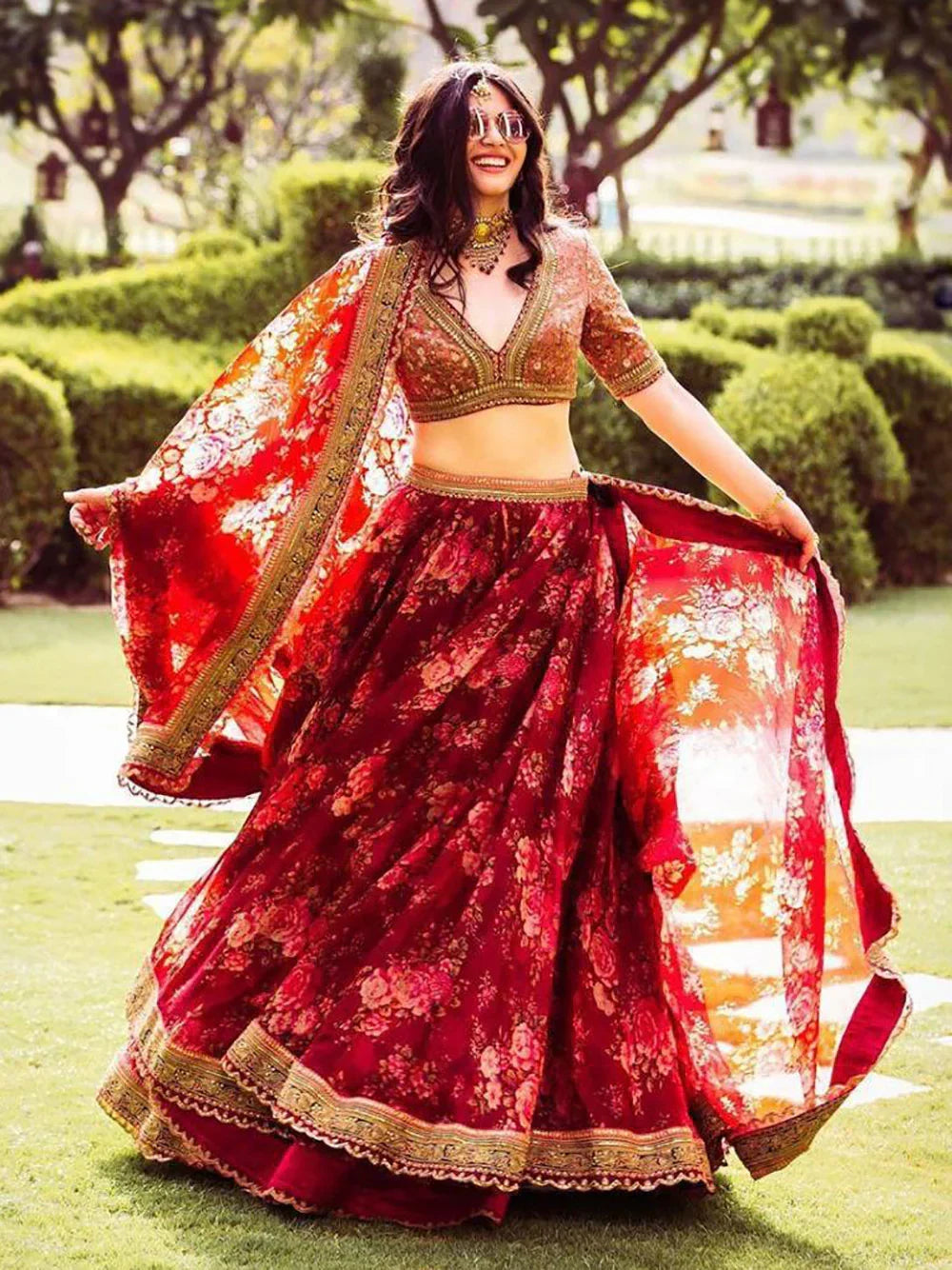 Sabyasachi Maroon Floral Printed Organza Bridal Lehenga Choli