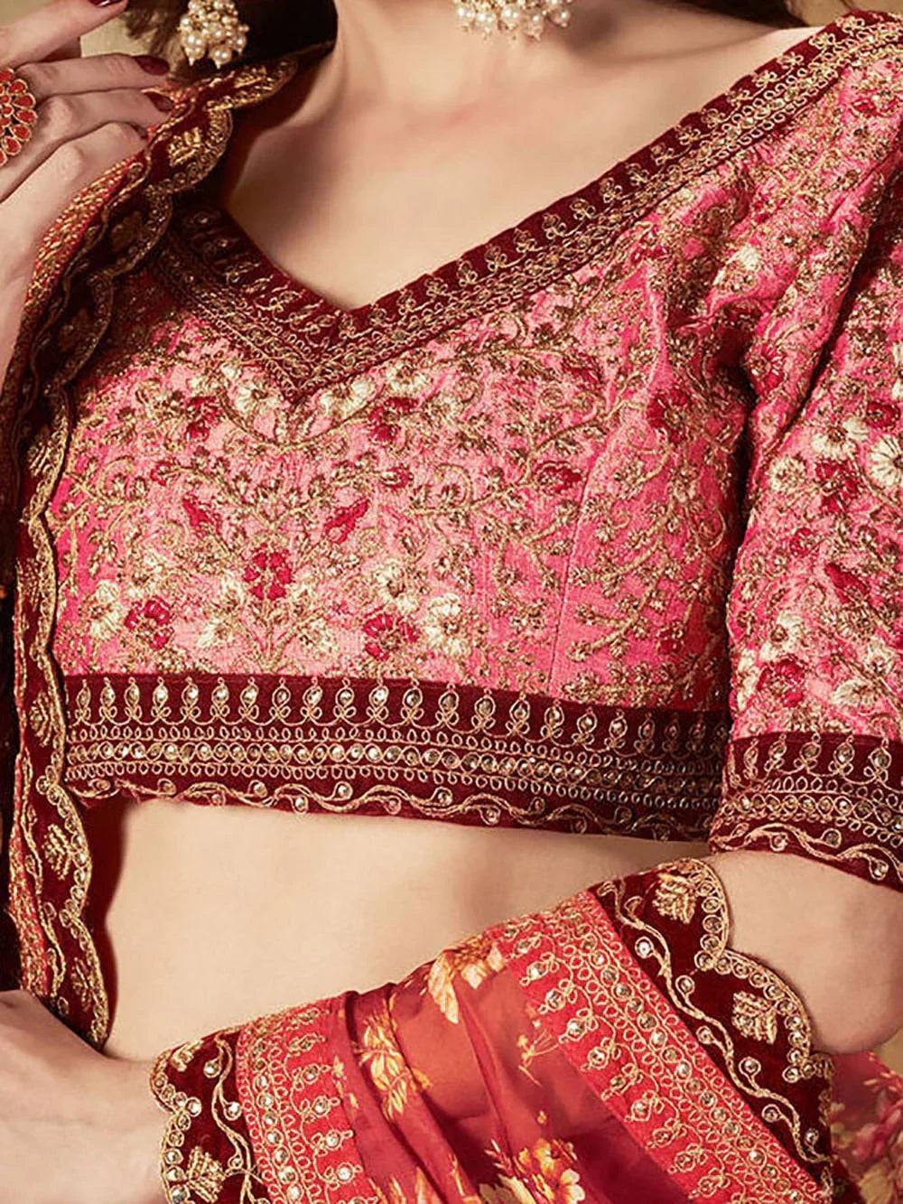 Sabyasachi Maroon Floral Printed Organza Bridal Lehenga Choli