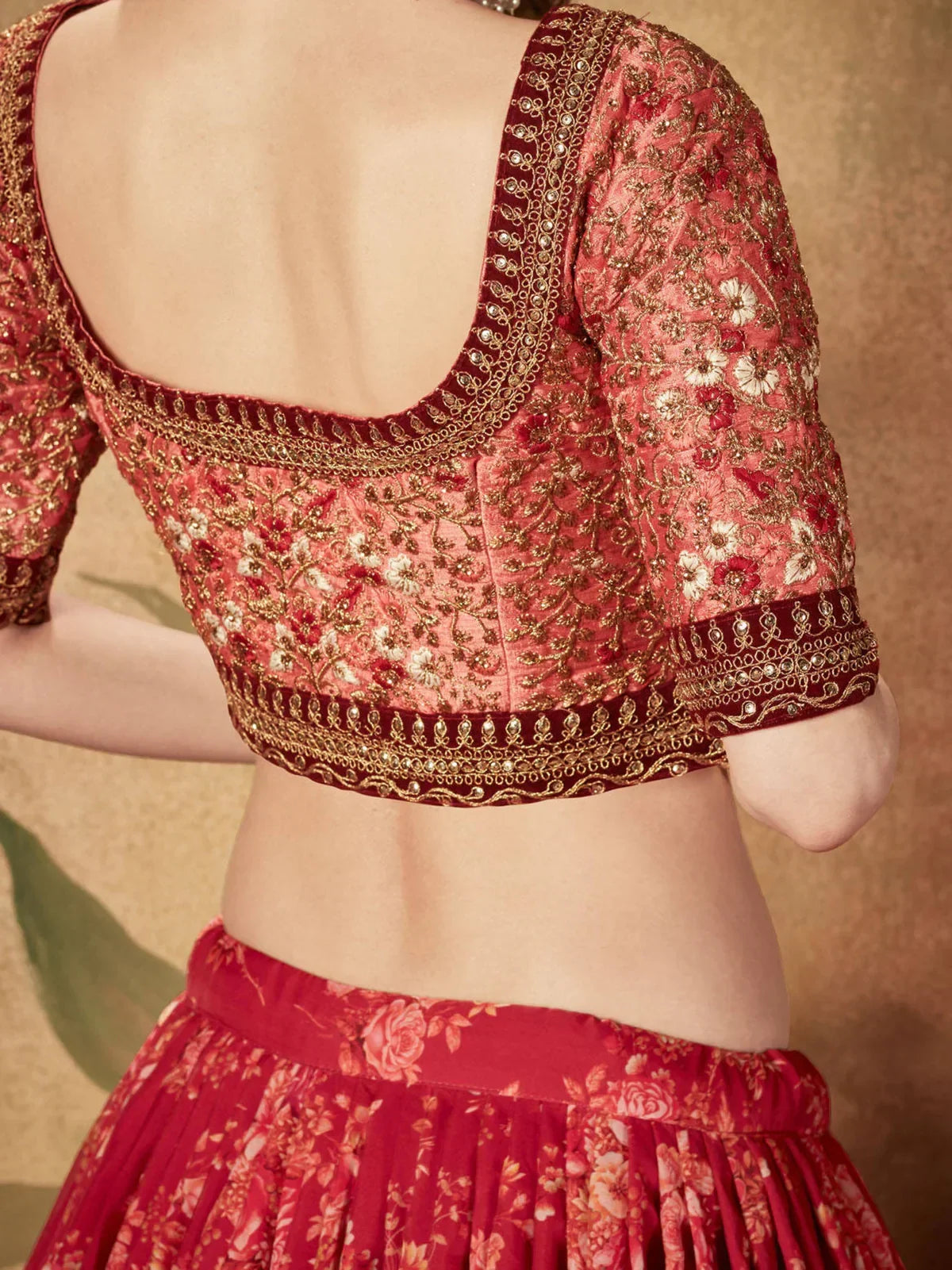 Sabyasachi Maroon Floral Printed Organza Bridal Lehenga Choli