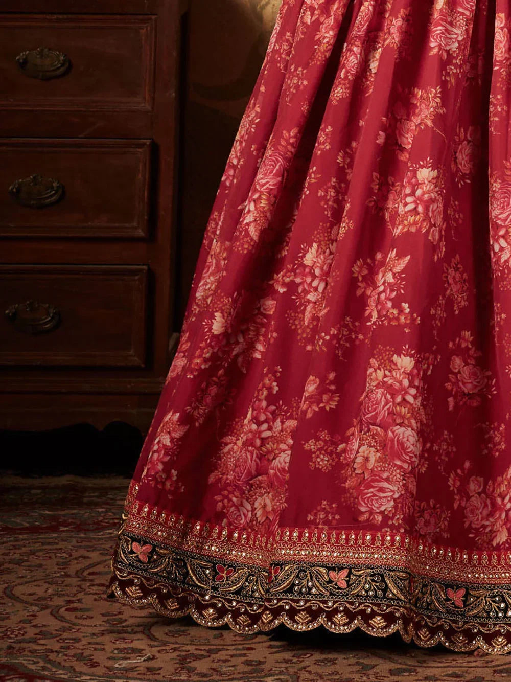 Sabyasachi Maroon Floral Printed Organza Bridal Lehenga Choli