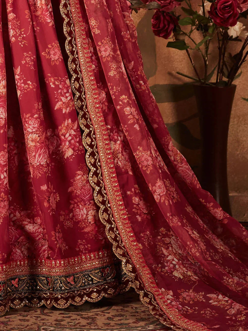 Sabyasachi Maroon Floral Printed Organza Bridal Lehenga Choli