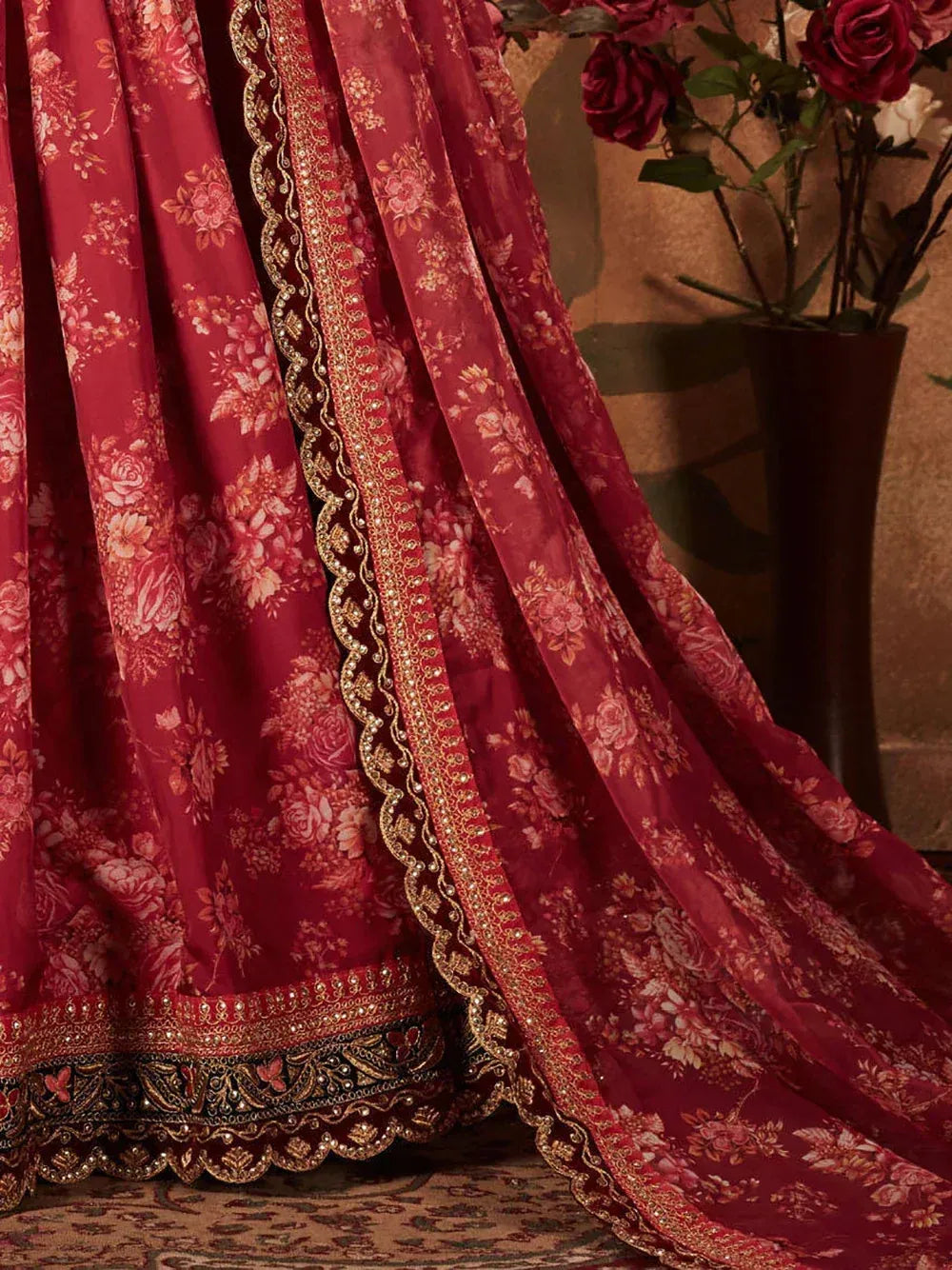 Sabyasachi Maroon Floral Printed Organza Bridal Lehenga Choli