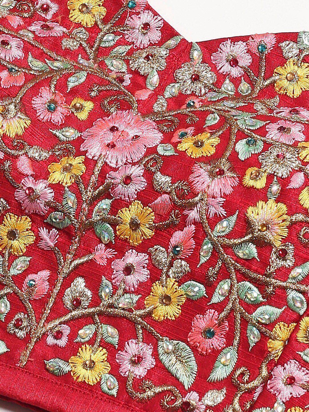 Red ethnic blouse with floral embroidery and stone work for lehenga choli