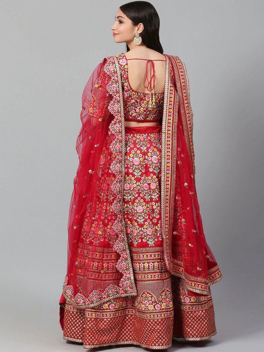 Red floral embroidered lehenga choli with sheer dupatta, Indian ethnic wear for weddings