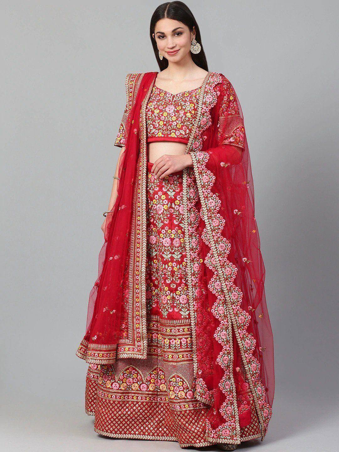 Red floral embroidered lehenga choli with sheer dupatta, Indian ethnic wear for weddings