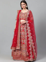 Red & Pink Embroidered Semi-Stitched Myntra Lehenga & Unstitched Blouse with Dupatta