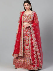 Red & Pink Embroidered Semi-Stitched Myntra Lehenga & Unstitched Blouse with Dupatta