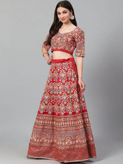 Red & Pink Embroidered Semi-Stitched Myntra Lehenga & Unstitched Blouse with Dupatta