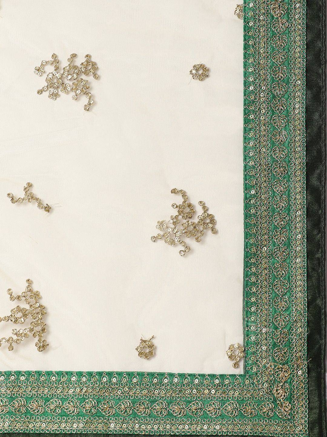 Cream saree with gold sequin embroidery and green border, ethnic Indian wear