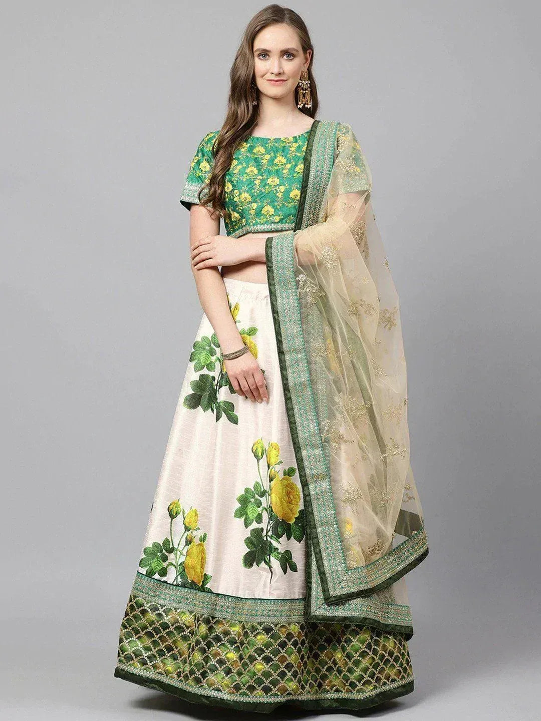Green and cream floral lehenga choli with embroidered dupatta, Indian ethnic wear for women
