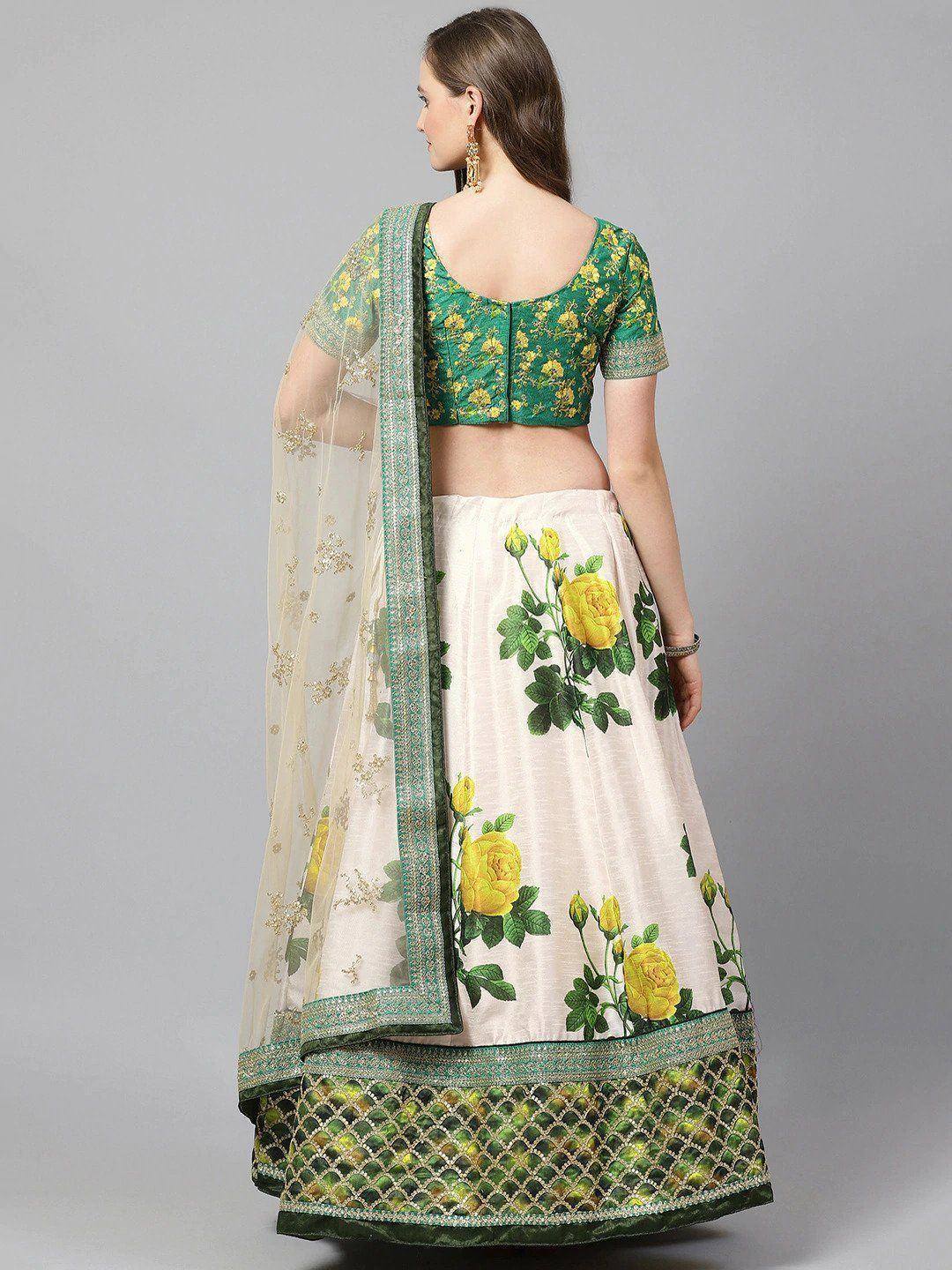 Green and cream floral lehenga choli with yellow rose print and embroidered dupatta, ethnic wear for women