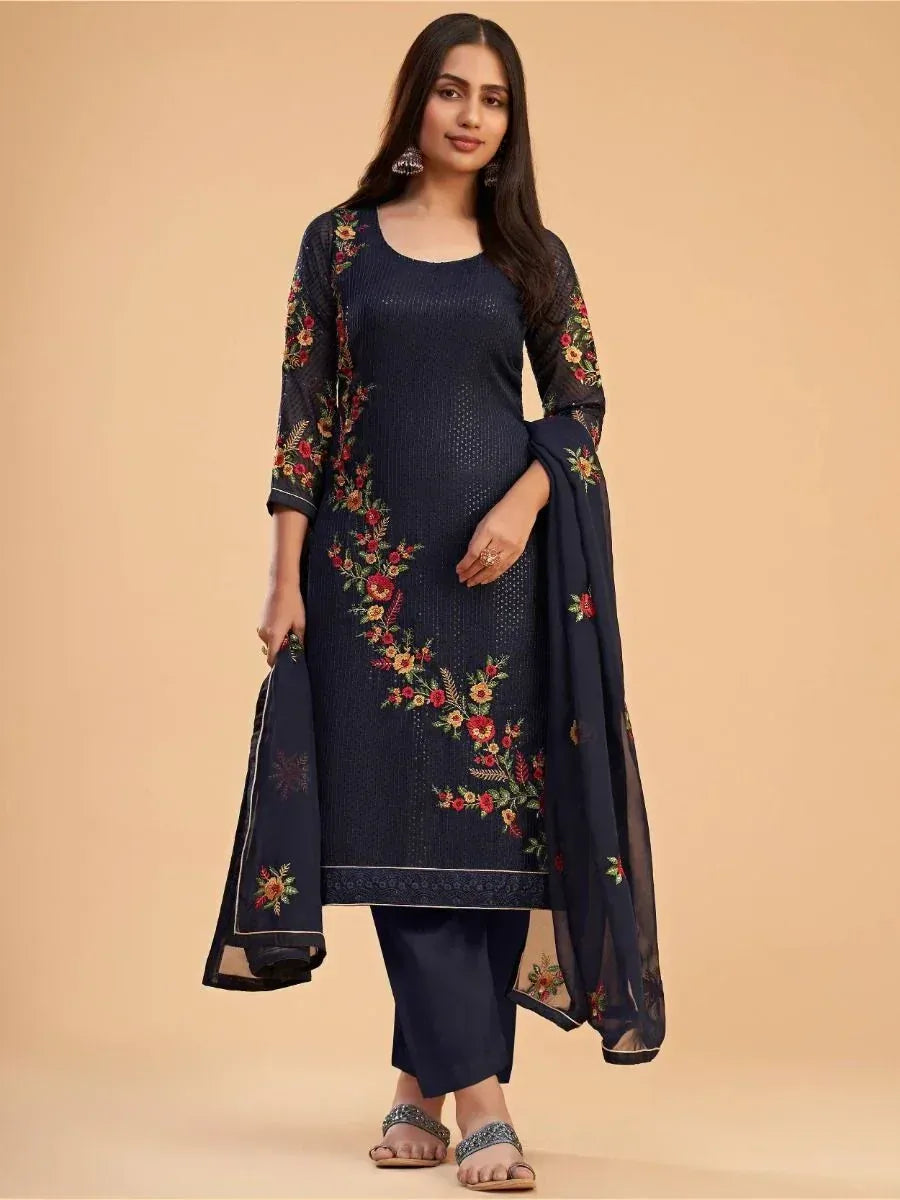 Navy blue embroidered salwar kameez with floral design, perfect for ethnic occasions