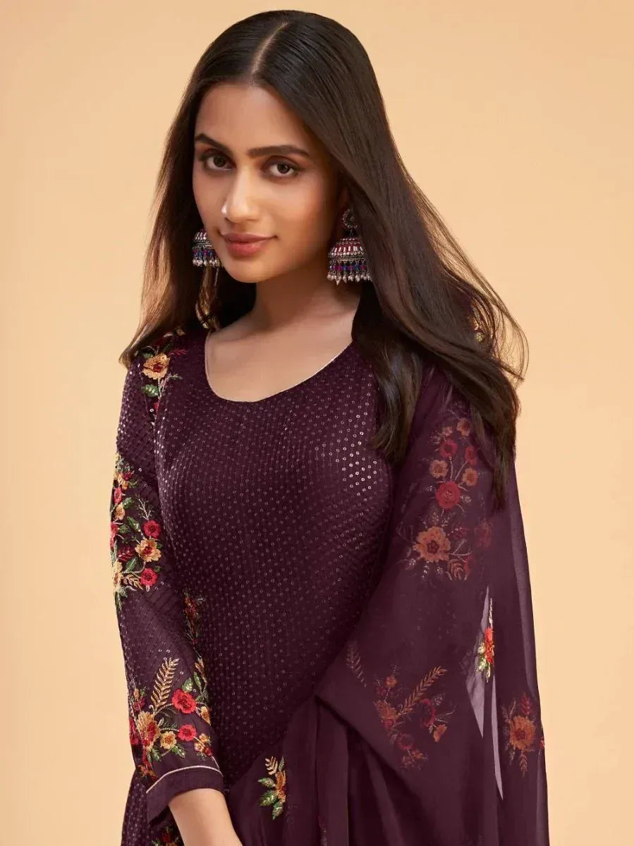 Purple floral embroidered ethnic kurta with sheer sleeves, perfect for Indian wear occasions