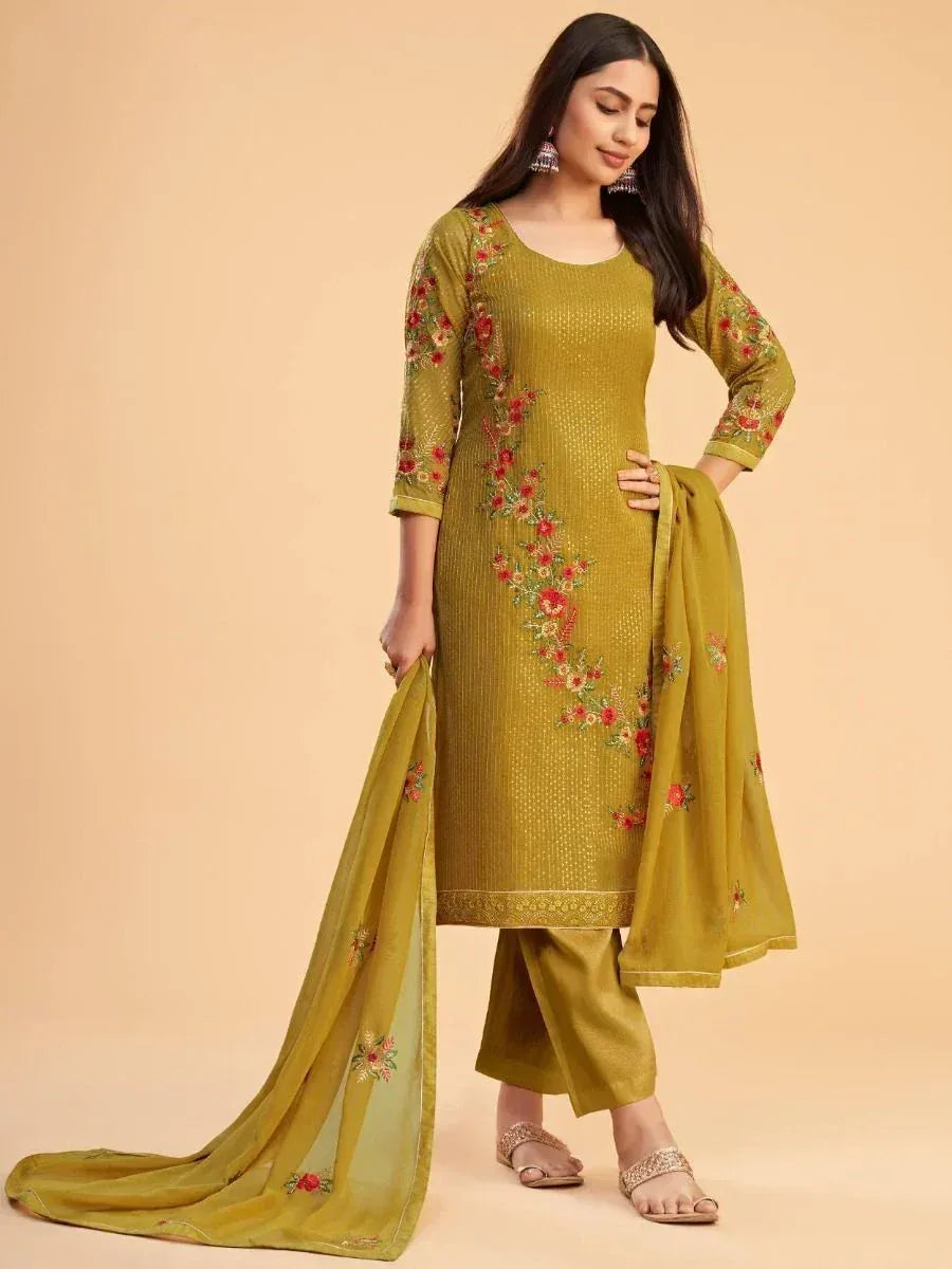 Yellow embroidered salwar kameez set with floral design and matching dupatta