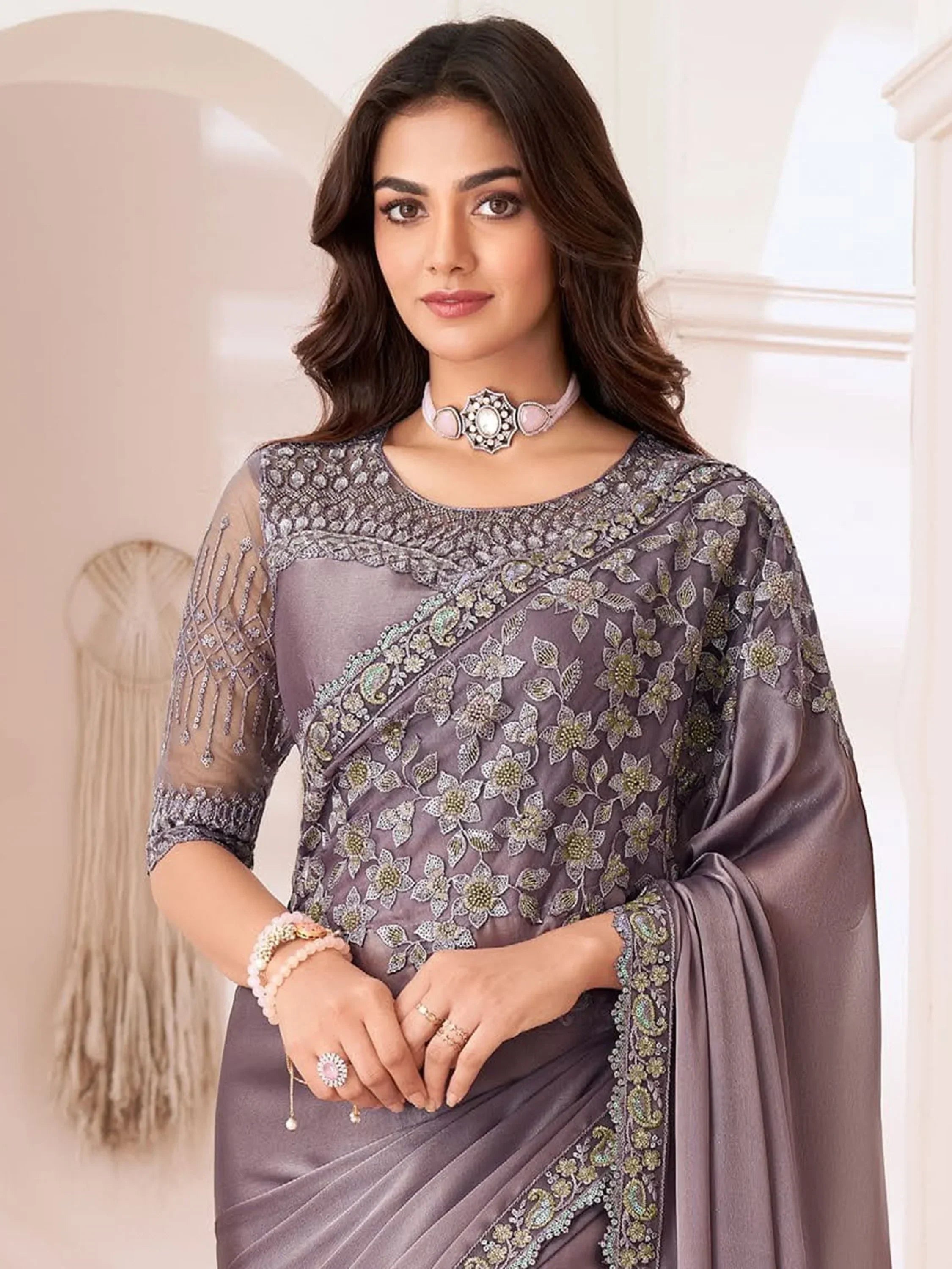 Lovely Dusty Purple Embroidered Georgette Party Wear Saree With Blouse