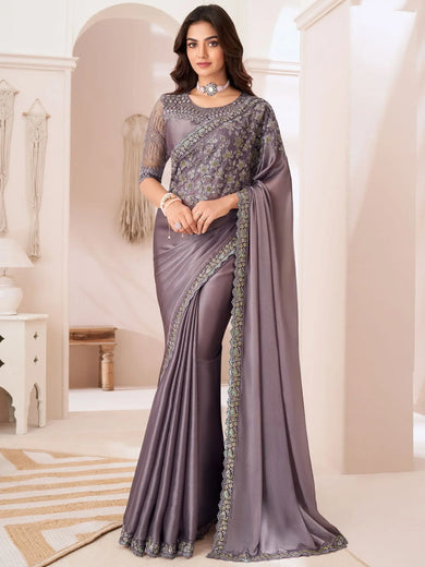 Lovely Dusty Purple Embroidered Georgette Party Wear Saree With Blouse