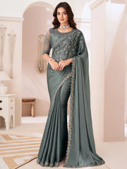 Bewitching Grey Color Heavy Embroidered Georgette Function Wear Saree