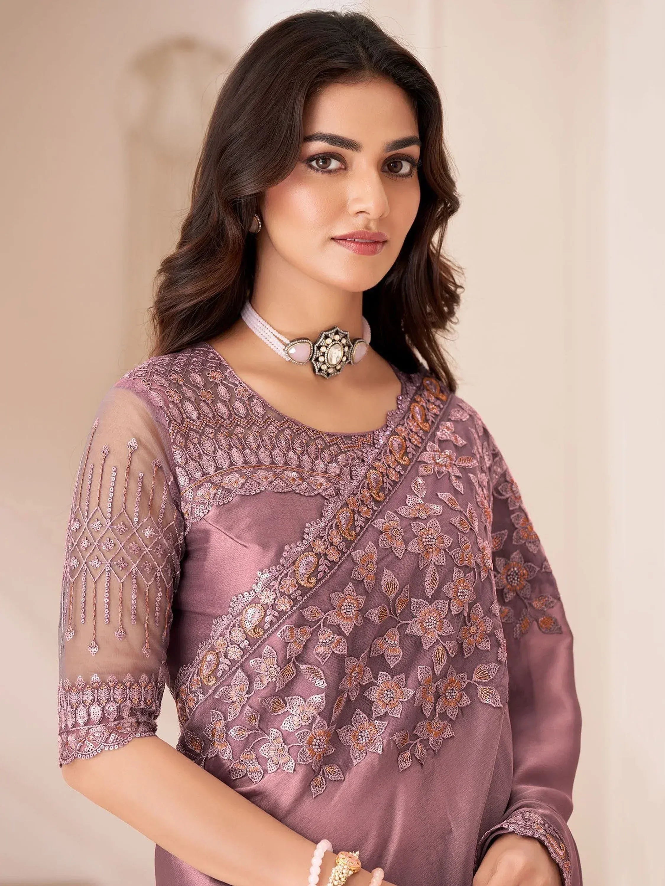 Awesome Dusty Rose Pink Embroidered Georgette Wedding Wear Saree