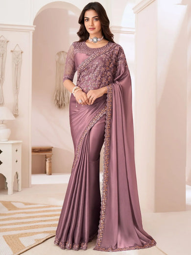 Awesome Dusty Rose Pink Embroidered Georgette Wedding Wear Saree