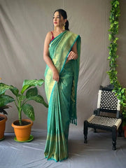 Superb Sea-Green Jacquard Kanjeevaram Silk Wedding Saree With Blouse